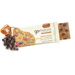 GoMacro Salted Caramel Chocolate Chips Bar unwrap view emphasizes chewy texture and tasty caramel