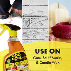Goo Gone adhesive remover on fabric upholstery highlights safe fabric treatment.