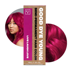 Good Dye Young magenta hair dye bottle shows vibrant, semi-permanent color.
