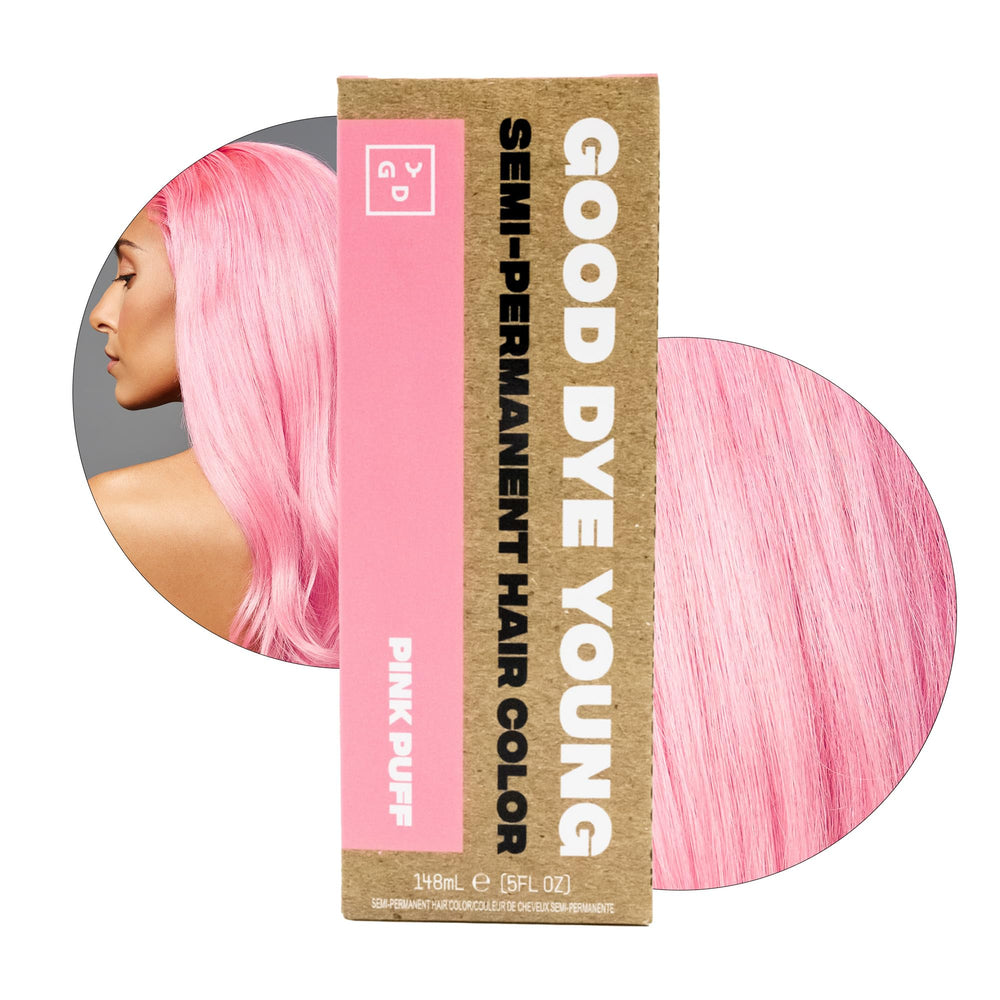 Good Dye Young Pink Puff hair dye jar shows vibrant pink color for at-home use