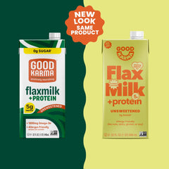 Good Karma Flaxmilk +Protein bottle close-up showing omega-3 and creamy texture