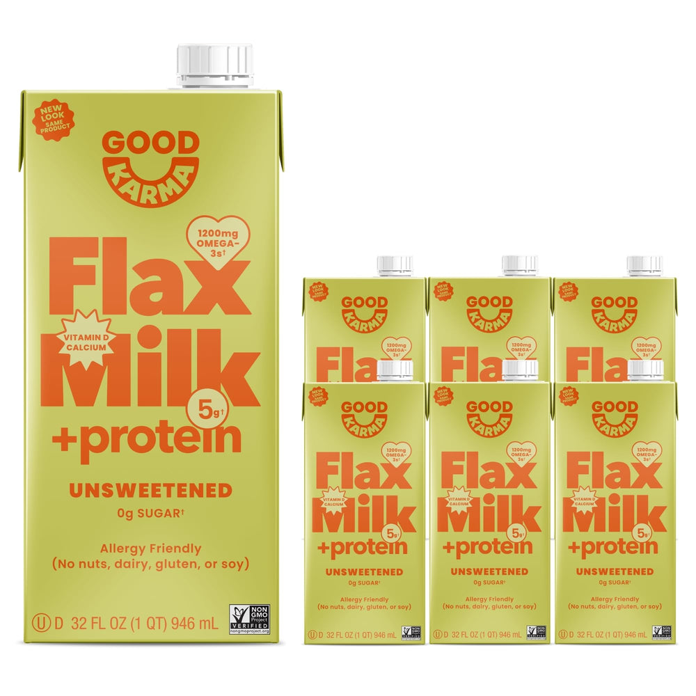 Good Karma Unsweetened Flaxmilk +Protein bottle pour for smoothies and dairy-free meals