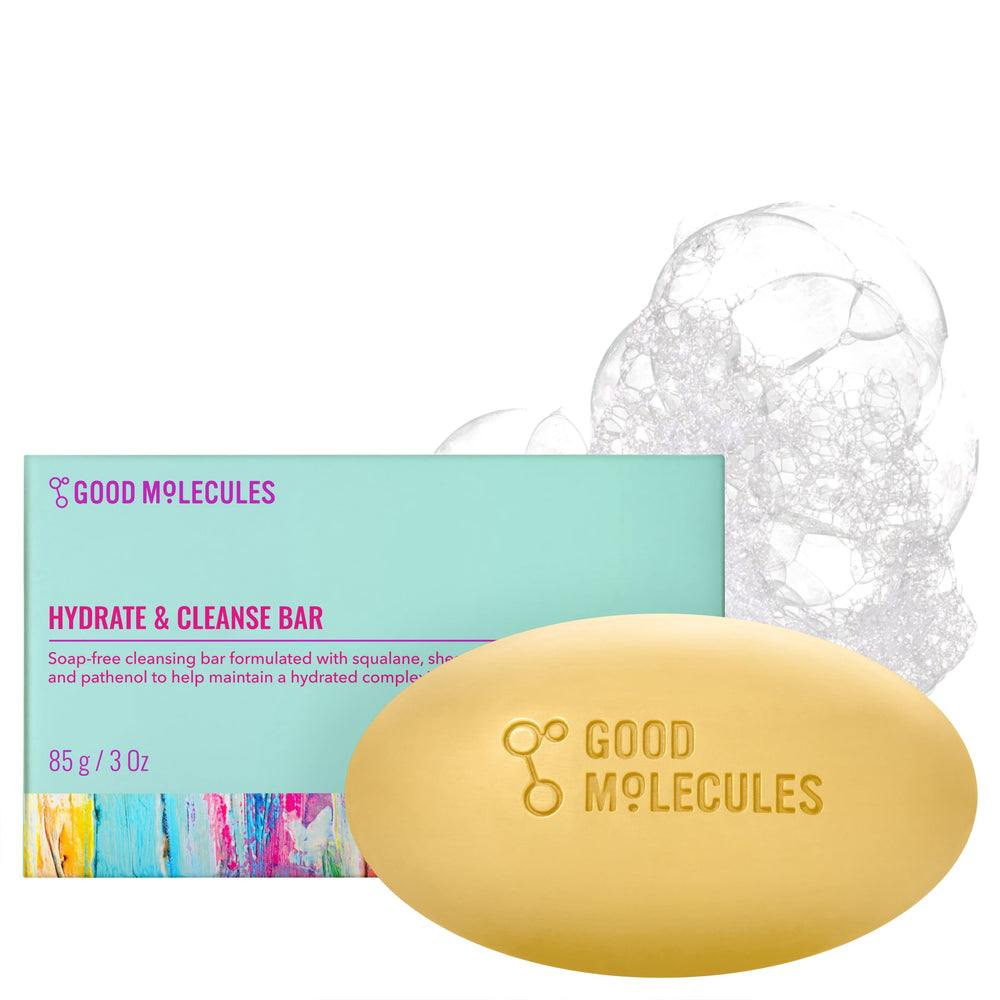 Good Molecules Hydrate & Cleanse Bar creates a rich face and body lather for gentle cleansing.