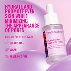 Good Molecules Niacinamide Serum with Ectoin dropper dispensing serum on skin.