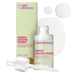 Good Molecules Overnight Exfoliating Treatment bottle close-up highlights glow boosting potential.