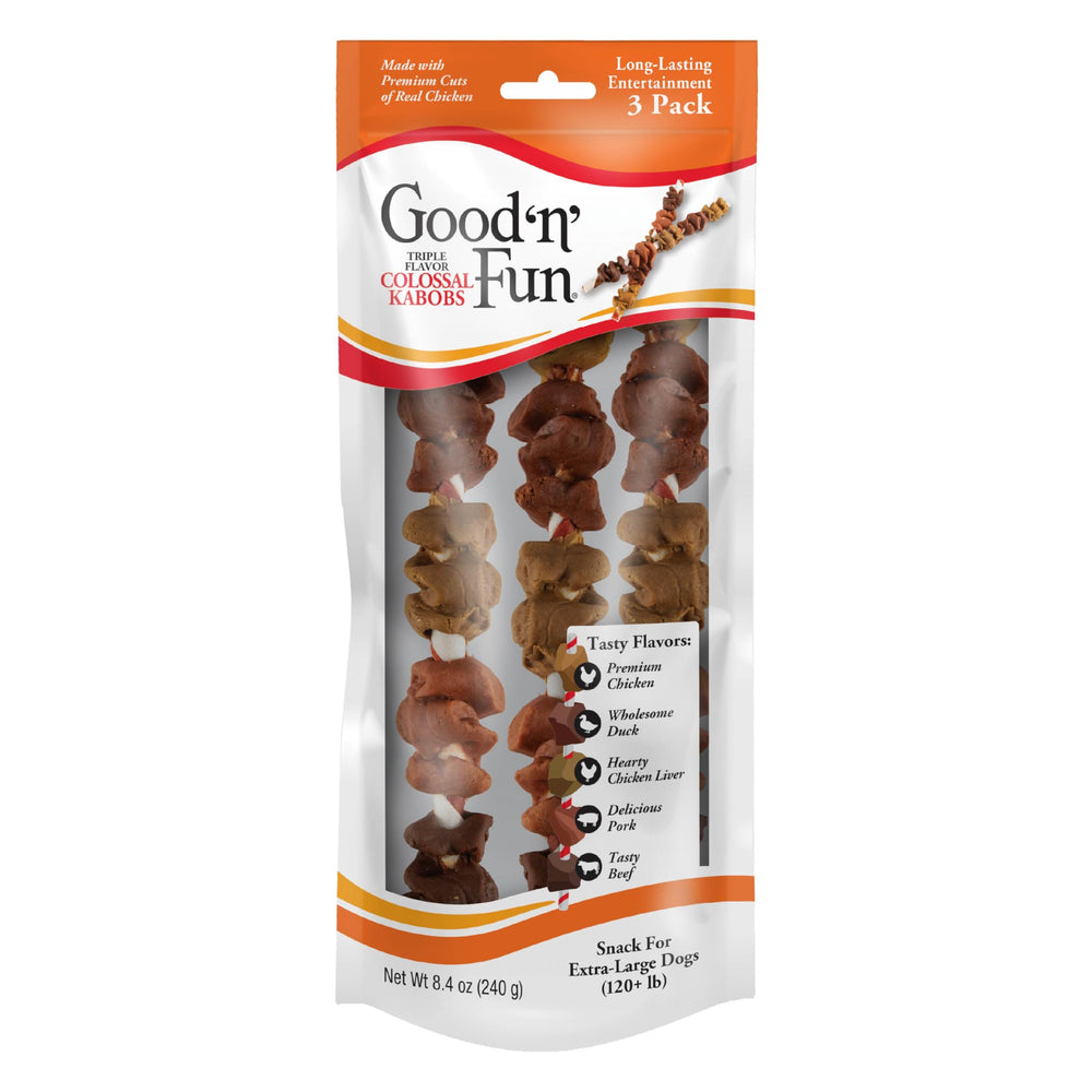 GOOD N FUN triple flavor colossal kabobs pack for extra-large dogs, long-lasting chew.