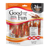 GOOD 'N' FUN Triple Flavor Wings chicken wrap close-up highlights a satisfying dog chew