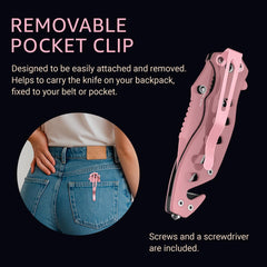 GOOD WORKER pink pocket knife glass breaker for emergency readiness.