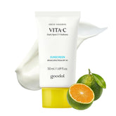 Goodal Green Tangerine Vita-C Sunscreen bottle closeup with lightweight finish.