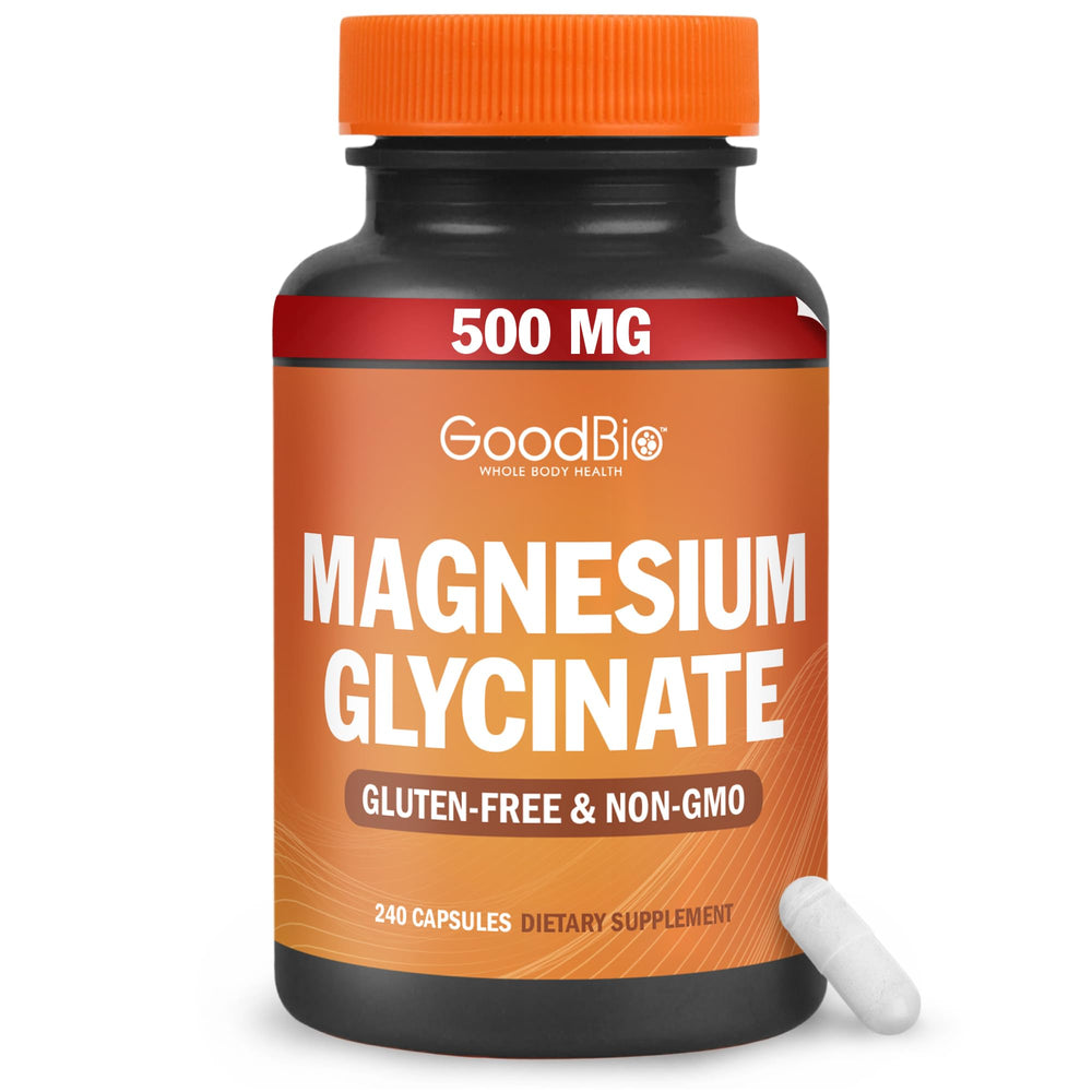 GOODBIO Magnesium Glycinate bottle and capsules designed for easy digestion and daily use