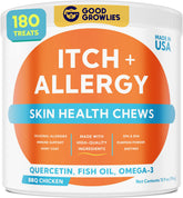 GOODGROWLIES dog allergy chews bottle showing anti-itch support.