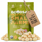 Goodsam Small Farms macadamia nuts bag closeup, pure and additive-free.