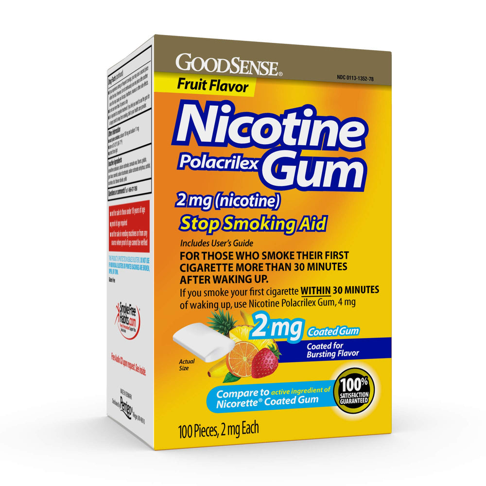 GoodSense nicotine gum 2 mg fruit flavor pack shot for convenient quit smoking support.