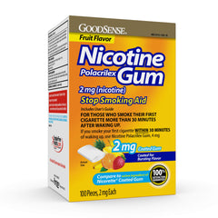 GoodSense nicotine gum 2 mg fruit flavor pack shot for convenient quit smoking support.