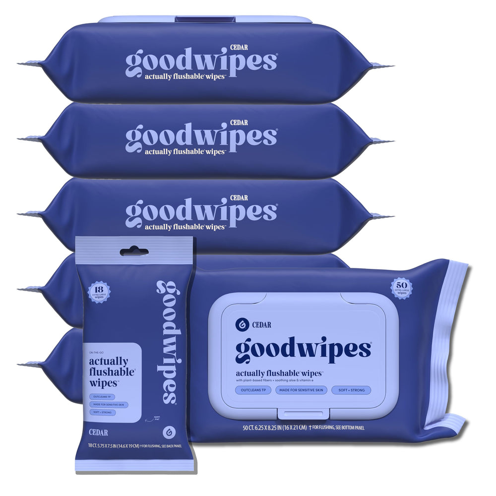 Goodwipes flushable butt wipes pack shot showing vitamin E and Aloe for gentle cleansing.