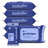 Goodwipes flushable butt wipes pack shot showing vitamin E and Aloe for gentle cleansing.