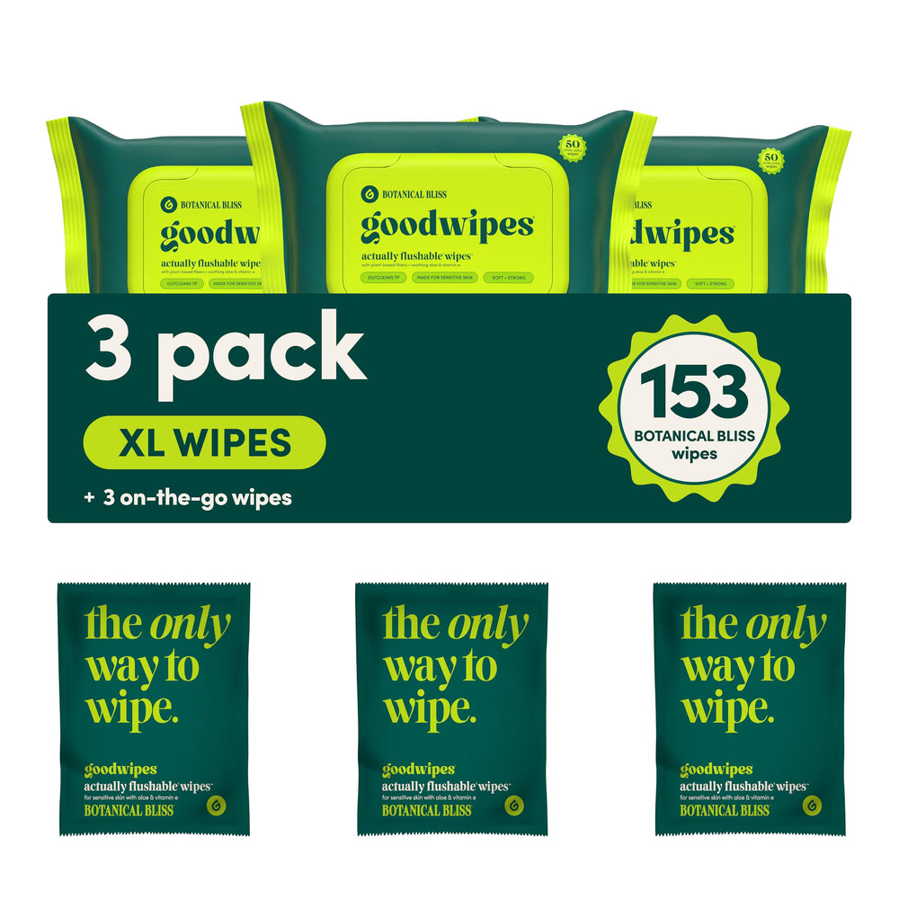 Goodwipes packaging box showing three-pack for septic-safe wipes