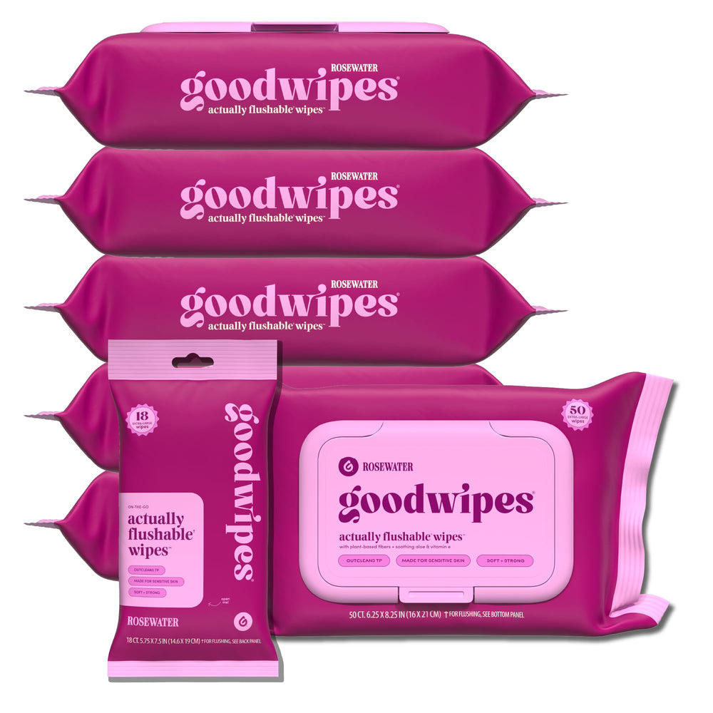 Goodwipes Rosewater flushable butt wipes pack front shows generous size and easy-to-use packaging