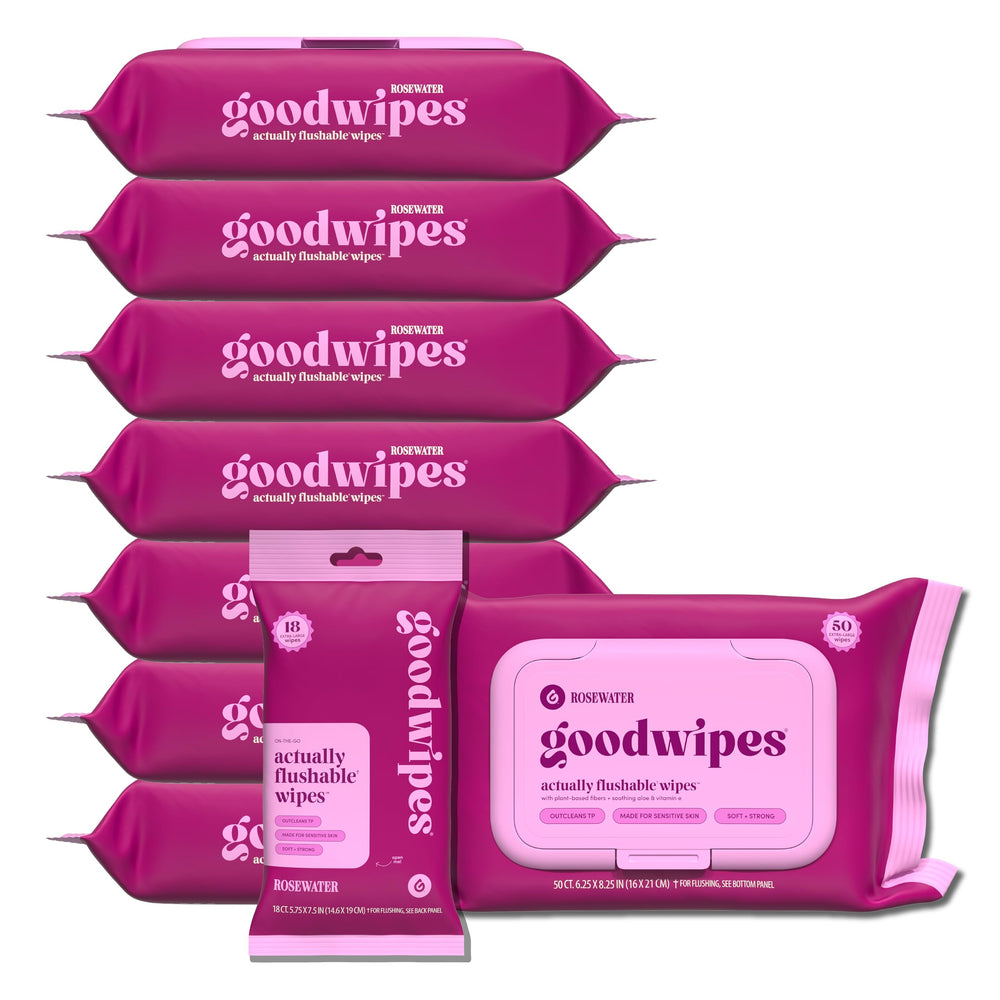 Goodwipes rosewater flushable wipes pack for daily freshness and confident clean.