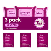 Goodwipes rosewater XL flushable wipes offer on-the-go refresh.