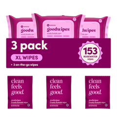 Goodwipes rosewater XL flushable wipes offer on-the-go refresh.