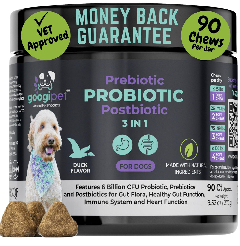 Googipet Probiotics duck-flavored chews support dog digestion.