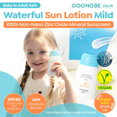 GOONGBE Waterful Sun Lotion packaging label with vegan, reef-safe messaging.