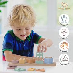 GOPO TOYS wooden shapes and colors reinforce shape and color recognition.