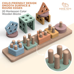 GOPO TOYS wooden stacking puzzle with 20 pieces enhances fine motor control.