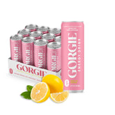 GORGIE Pink Lemonade can close-up showing a sugar-free energy boost.