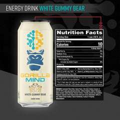 Gorilla Mind Energy Drink label close-up highlighting 200 mg caffeine content.