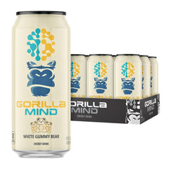 Gorilla Mind Energy Drink can in White Gummy Bear flavor offering a bold caffeine boost for focus.