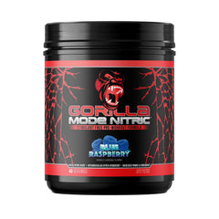 Gorilla Mind Gorilla Mode Nitric Upgraded blue raspberry powder for smooth mixing and flavorful pre-workout.