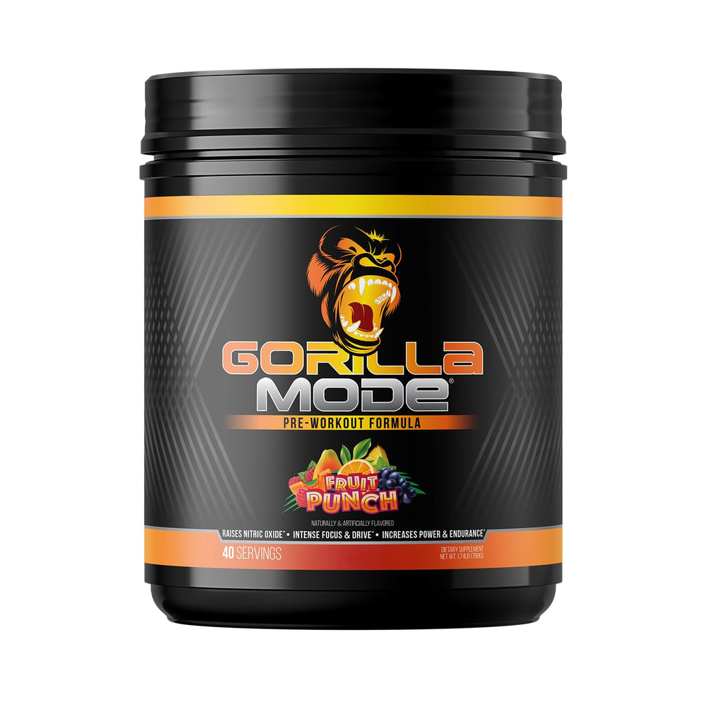 Gorilla Mind Gorilla Mode Pre Workout bottle showing bold pumps and label detail
