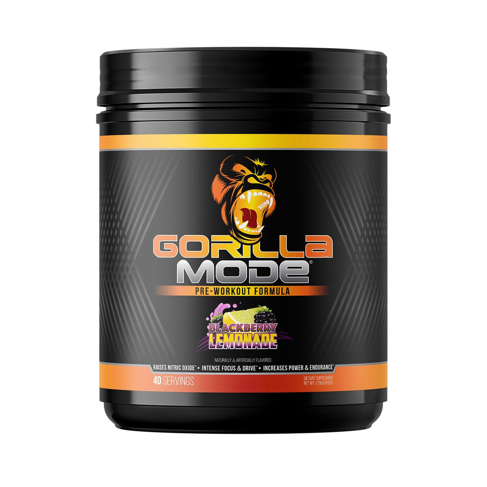 Gorilla Mind Pre Workout bottle with blackberry lemonade for sustained energy