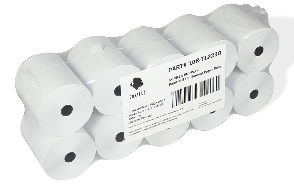 Gorilla Supply 55gsm receipt paper with 3-1-8in x 230ft rolls for reliable prints.