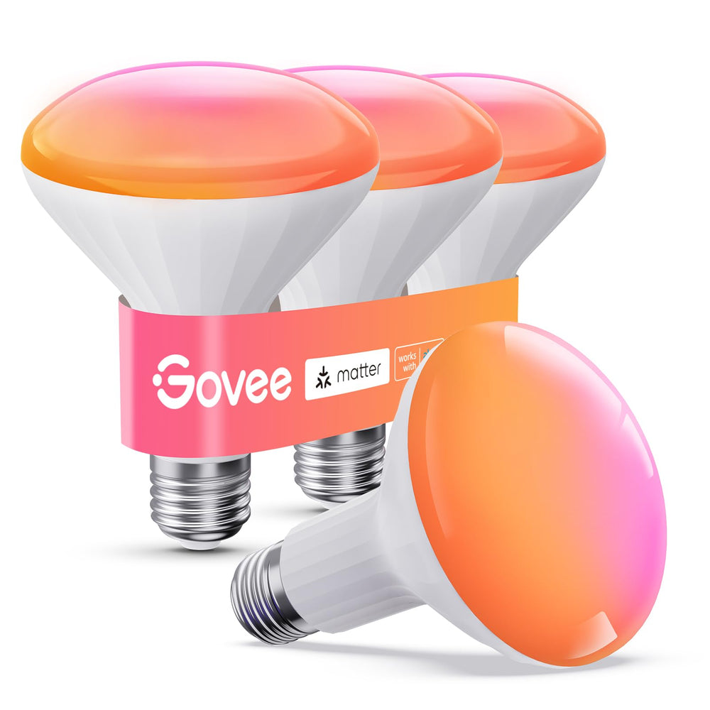 Govee BR30 bulb lit on wall showing vibrant RGBWW mood lighting.