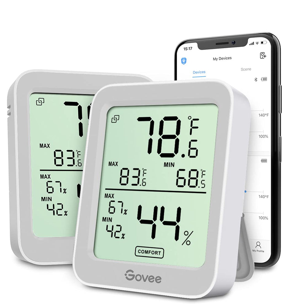 Govee Indoor Hygrometer display showing current temperature and humidity for quick reference.