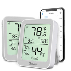 Govee Indoor Hygrometer display showing current temperature and humidity for quick reference.