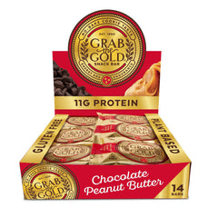 Grab The Gold chocolate peanut butter bar packaging highlights premium ingredients for busy days.