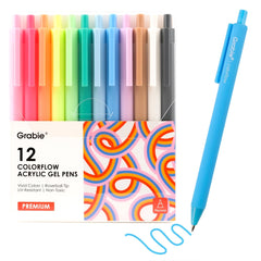 Grabie acrylic gel pens display vibrant color options for journaling on light and dark paper.
