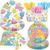 GrabnGoParty Easter bunny plates 9-inch with pastel designs, ideal for family brunches.