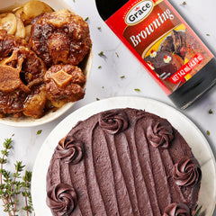 Grace Browning Sauce pouring captures glaze for grilled meats and oxtail.