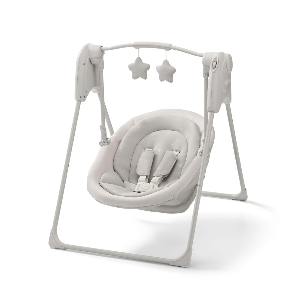 Graco Slim Spaces compact-fold swing for easy storage in small spaces.