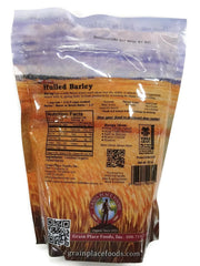 Grain Place Foods hulled barley bag with label, ideal for pilafs