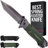 Grand Way spring assisted blade with tanto edge for precise camping cuts.
