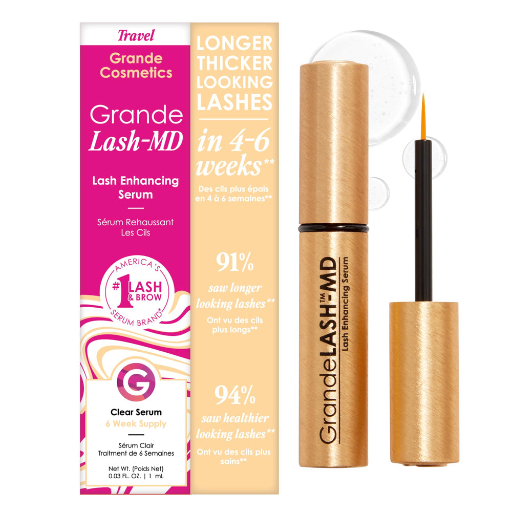 Grande Cosmetics GrandeLASH-MD serum bottle close-up for longer-looking lashes.
