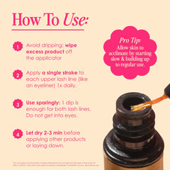 Clear serum with peptide and vitamin blend helps lash appearance.