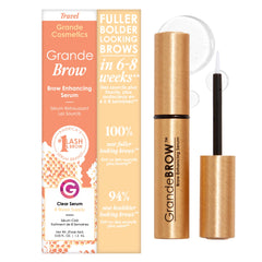 GrandeBROW brow serum bottle close-up showing nourishing formula for fuller-looking brows.