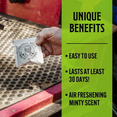 Grandpa Gus's air-freshener pouch in cabinet delivering mint aroma.